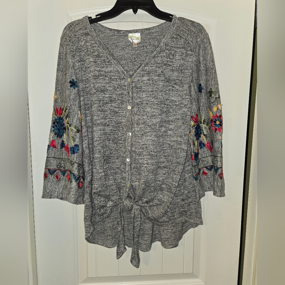 Gray Tie-Front Blouse with Floral Embroidery NWOT